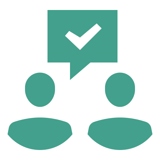 Cartoon of two people with speech bubble and checkmark
